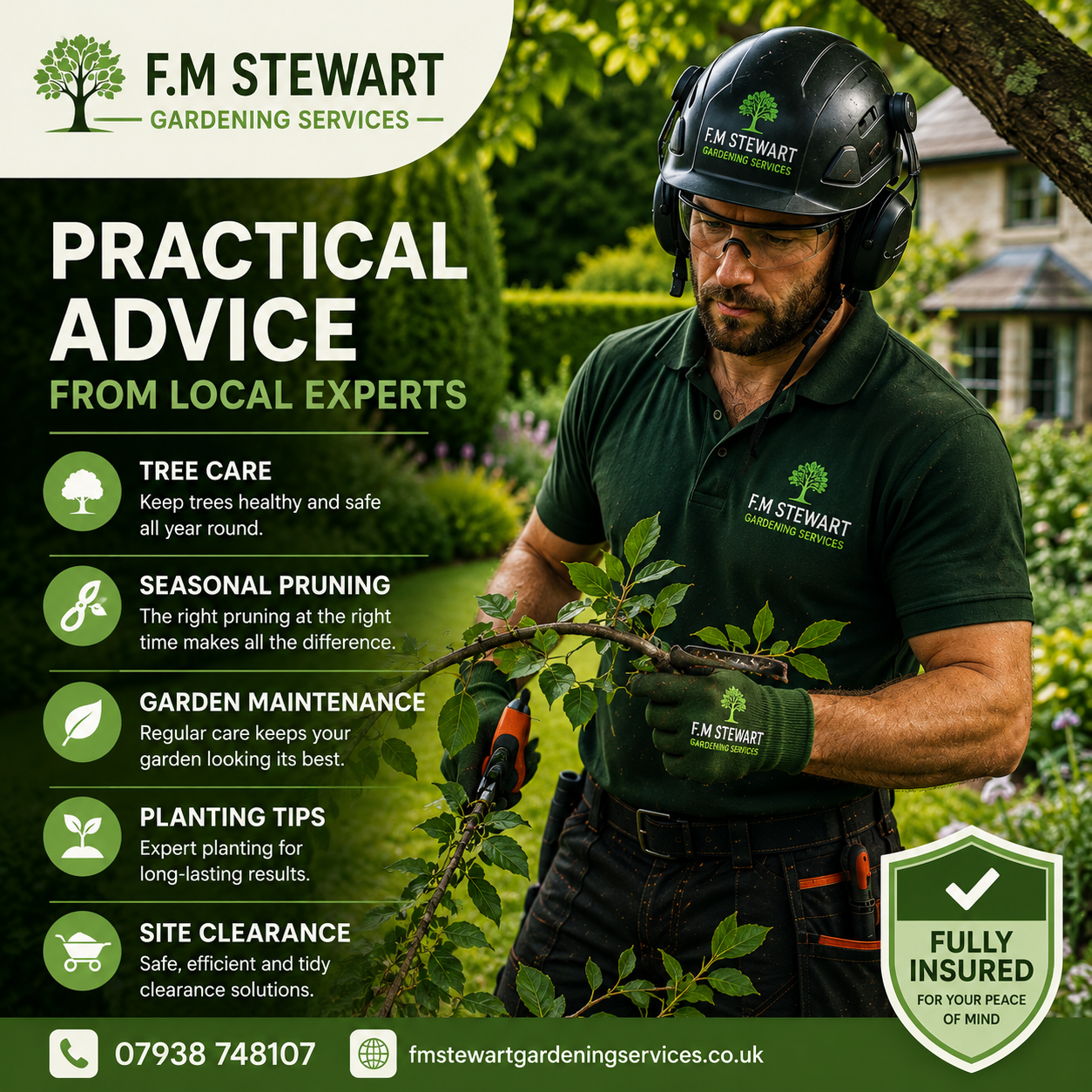 F.M Stewart branded gardener providing practical advice